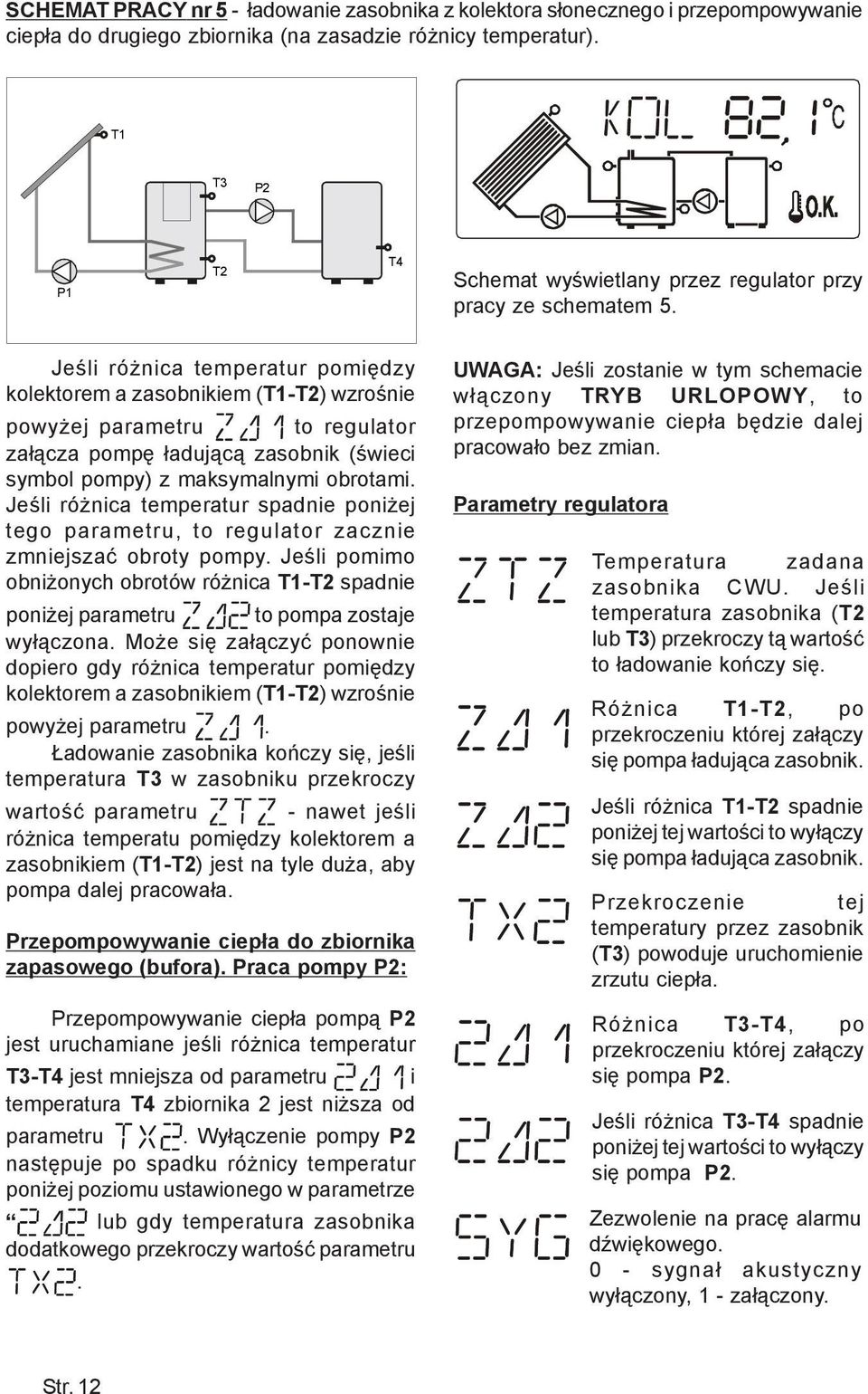 Jeœli ró nica temperatur pomiêdzy kolektorem a zasobnikiem (T1-T2) wzroœnie powy ej parametru to regulator za³¹cza pompê ³aduj¹c¹ zasobnik (œwieci symbol pompy) z maksymalnymi obrotami.