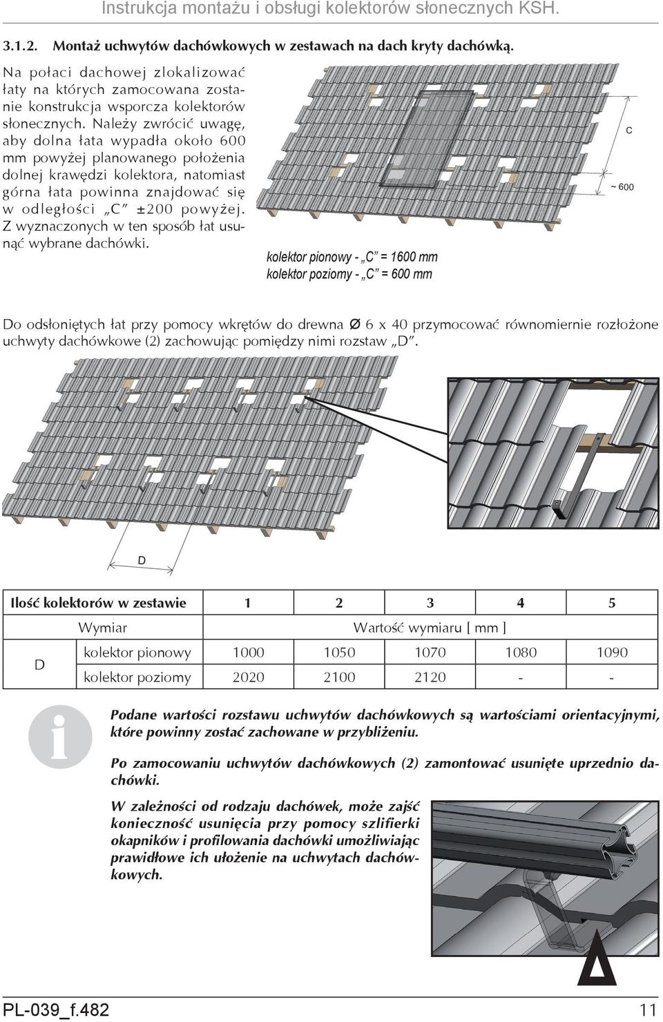 Należy zwrócć uwagę, aby dolna łata wypadła około 600 mm powyżej planowanego położena dolnej krawędz kolektora, natomast górna łata pownna znajdować sę w odległośc C ±200 powyżej.