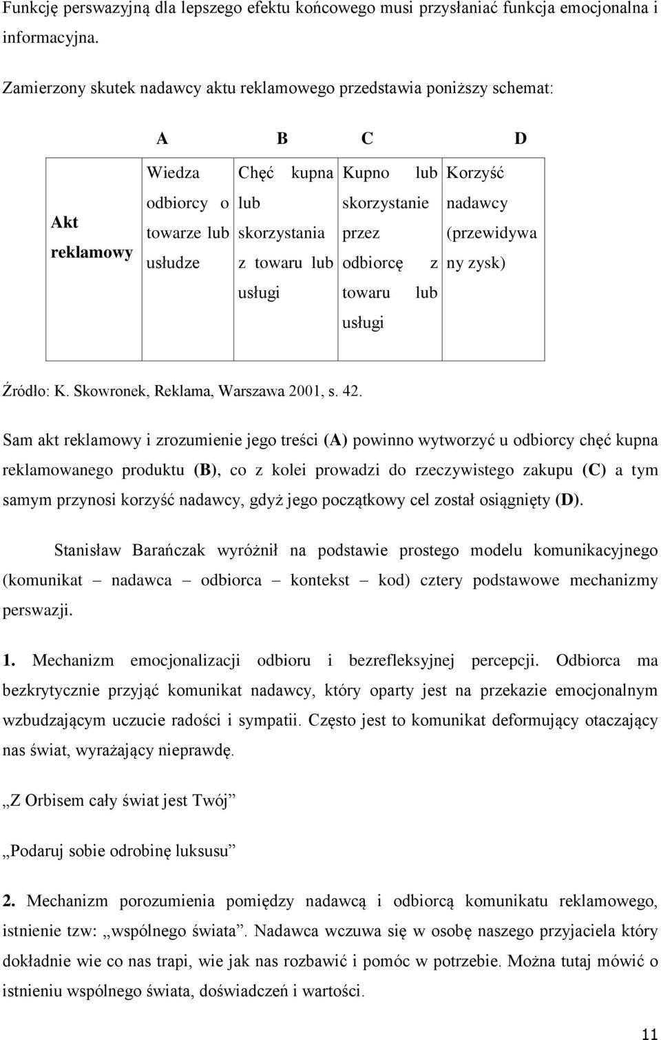 skorzystanie przez odbiorcę z nadawcy (przewidywa ny zysk) usługi towaru lub usługi Źródło: K. Skowronek, Reklama, Warszawa 2001, s. 42.