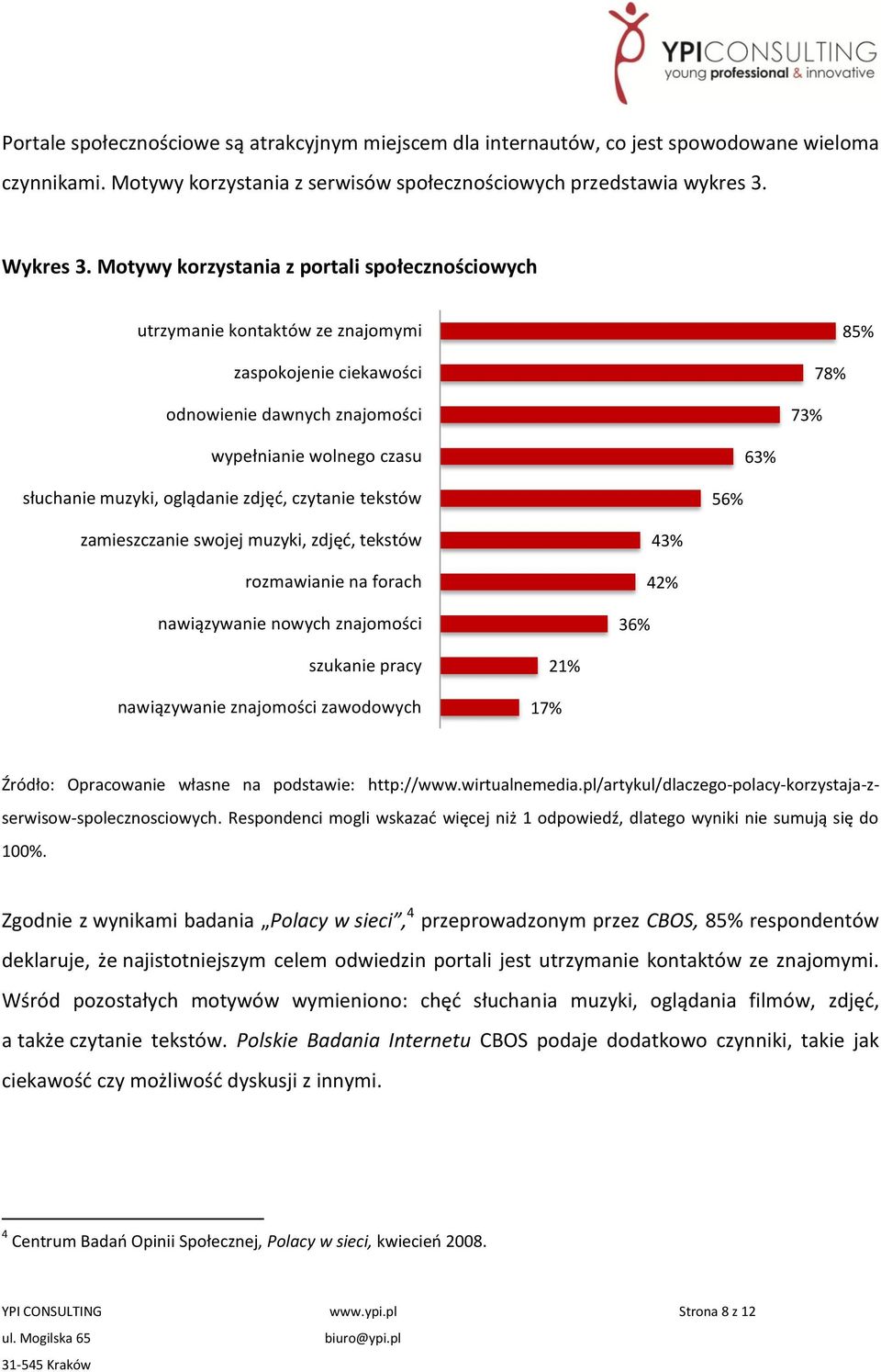 oglądanie zdjęd, czytanie tekstów 56% zamieszczanie swojej muzyki, zdjęd, tekstów rozmawianie na forach nawiązywanie nowych znajomości 36% 43% 42% szukanie pracy nawiązywanie znajomości zawodowych