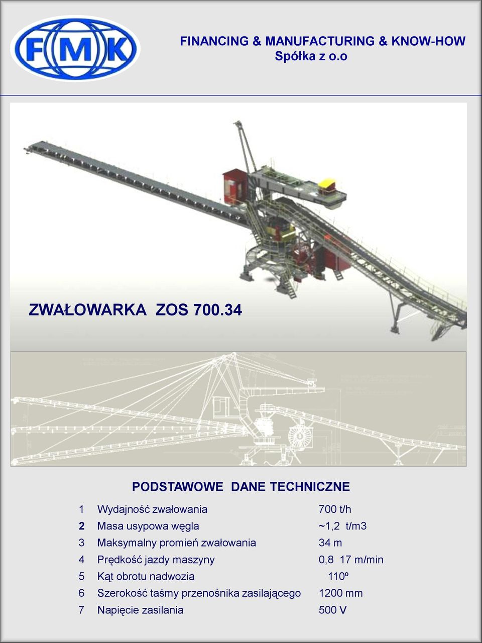 usypowa węgla ~1,2 t/m3 3 Maksymalny promień zwałowania 34 m 4 Prędkość