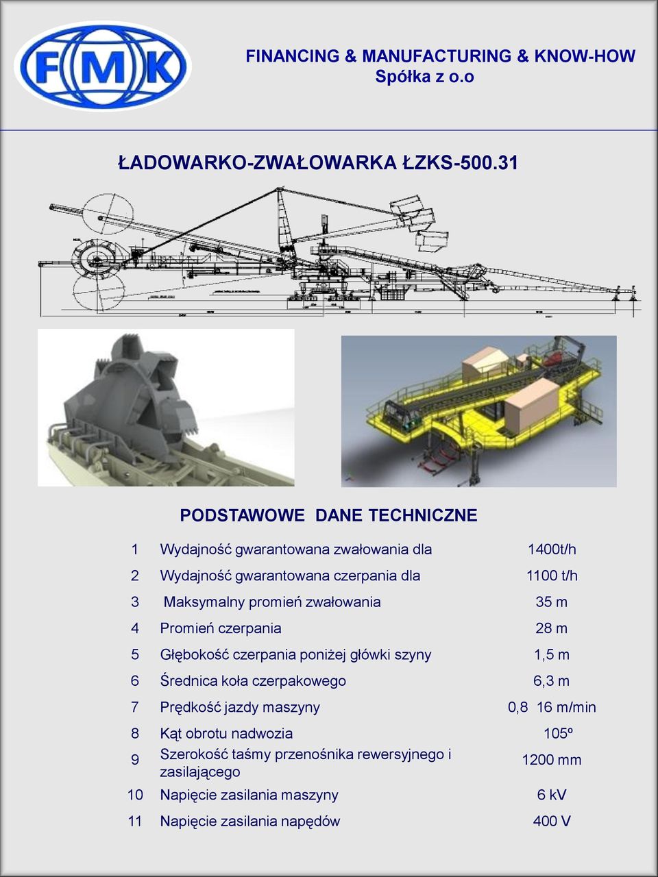 3 Maksymalny promień zwałowania 35 m 4 Promień czerpania 28 m 5 Głębokość czerpania poniżej główki szyny 1,5 m 6 Średnica