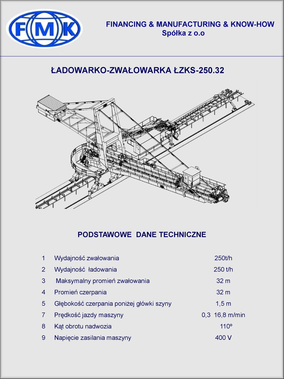 250 t/h 3 Maksymalny promień zwałowania 32 m 4 Promień czerpania 32 m 5 Głębokość