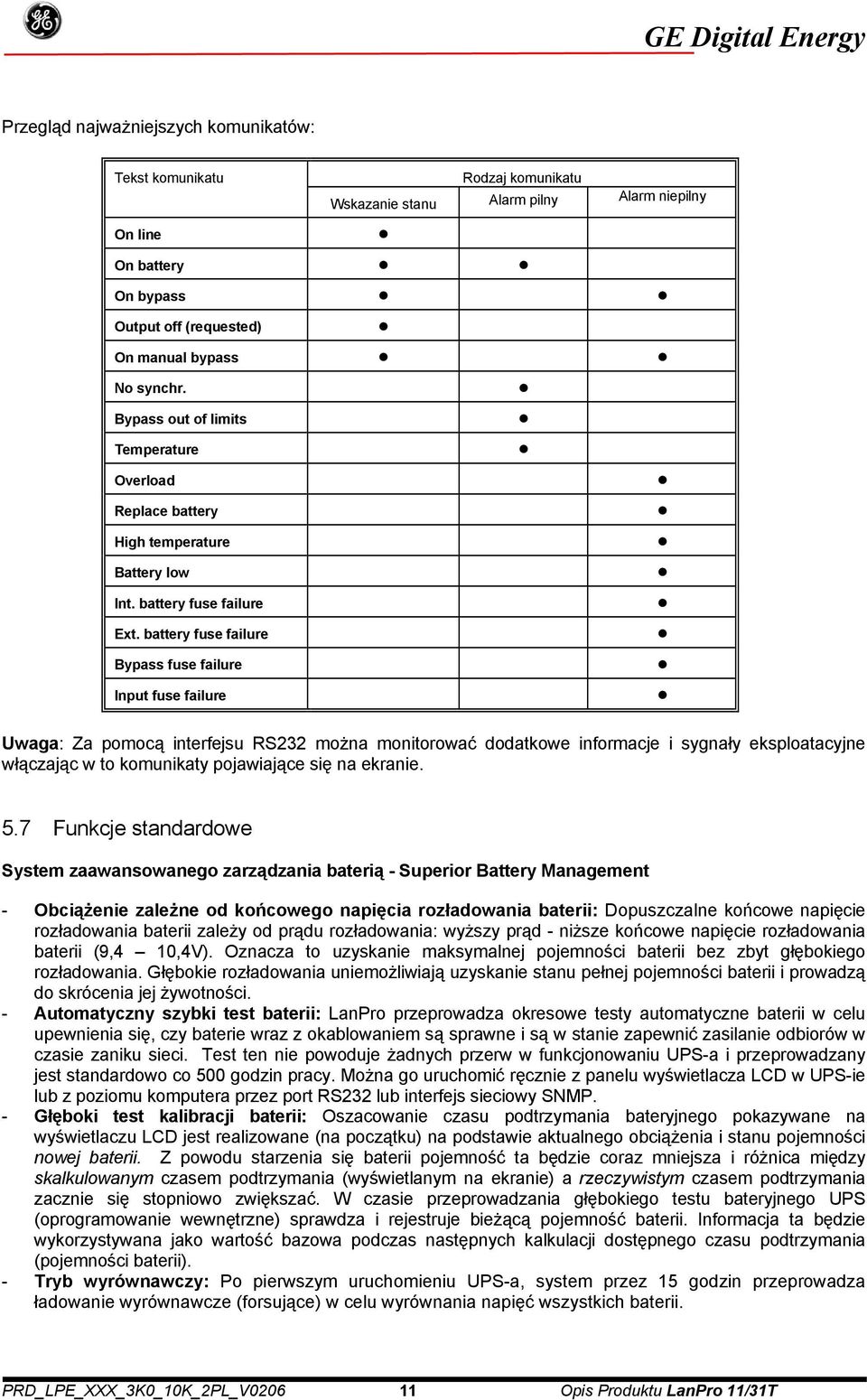 battery fuse failure Bypass fuse failure Input fuse failure Uwaga: Za pomocą interfejsu RS232 można monitorować dodatkowe informacje i sygnały eksploatacyjne włączając w to komunikaty pojawiające się