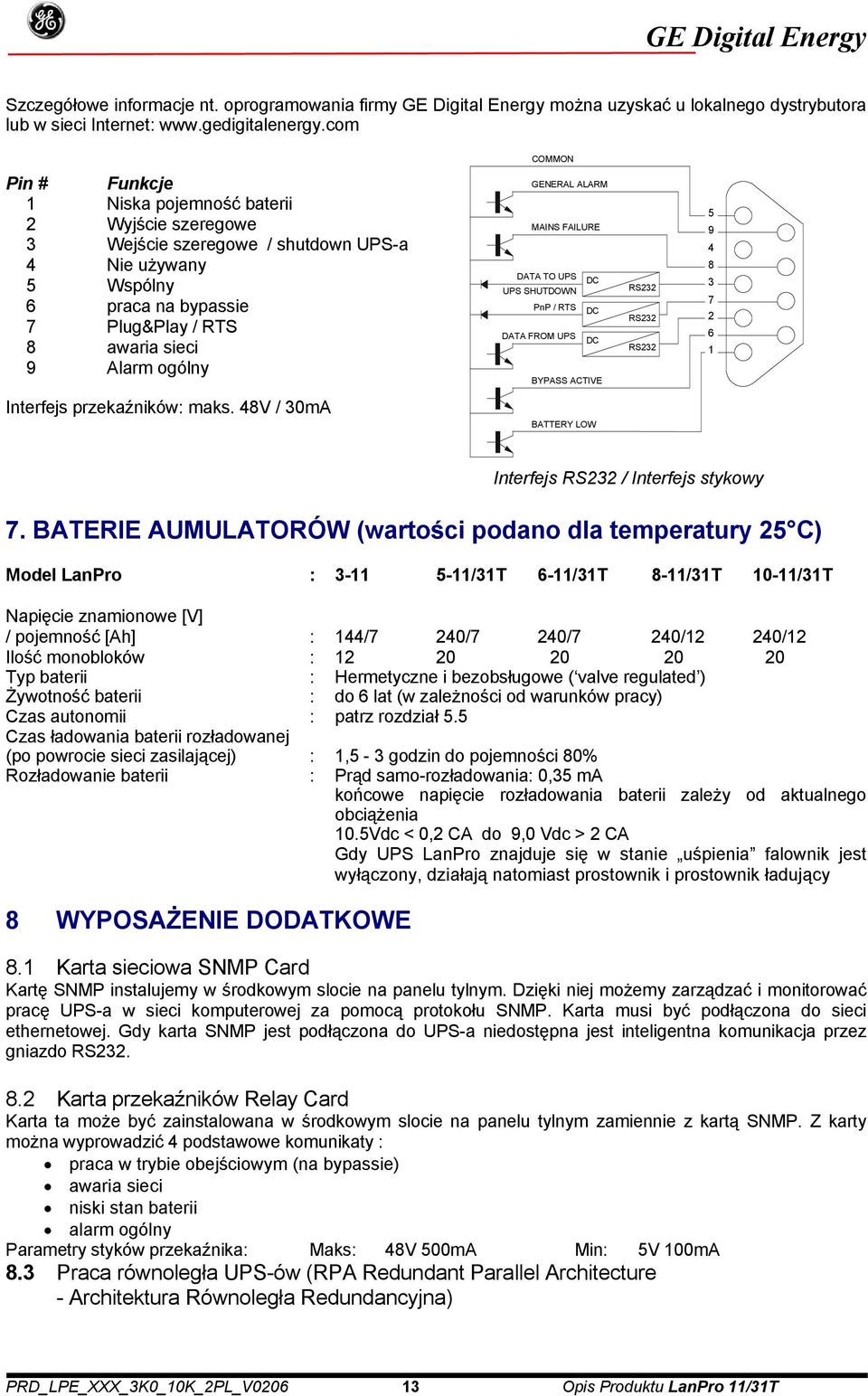 GENERAL ALARM MAINS FAILURE DATA TO UPS DC UPS SHUTDOWN PnP / RTS DC DATA FROM UPS DC BYPASS ACTIVE RS232 RS232 RS232 5 9 4 8 3 7 2 6 1 Interfejs przekaźników: maks. 48V / 30mA BATTERY LOW 7.