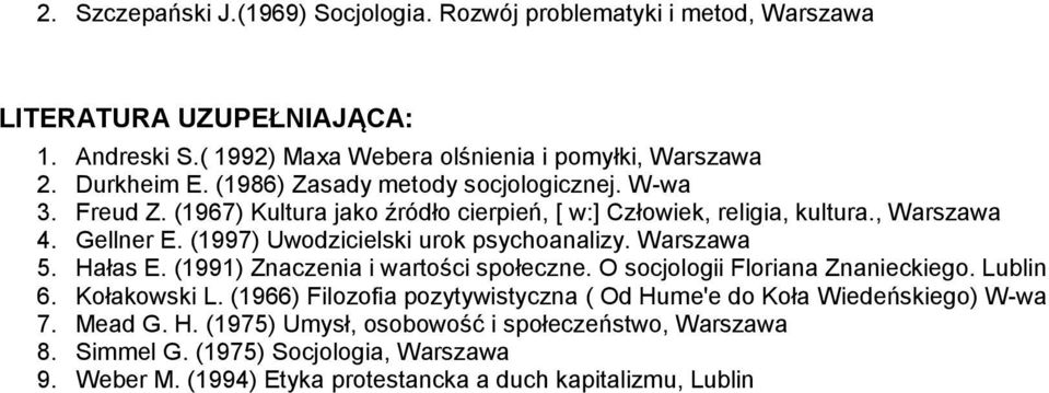 (1997) Uwodzicielski urok psychoanalizy. Warszawa 5. Hałas E. (1991) Znaczenia i wartości społeczne. O socjologii Floriana Znanieckiego. Lublin 6. Kołakowski L.