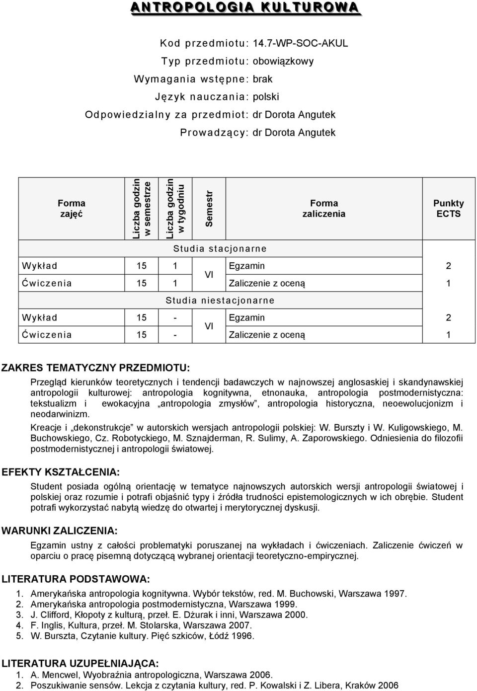 oceną 1 W ykład 15 - Egzamin VI Ćwic zenia 15 - Zaliczenie z oceną 1 Przegląd kierunków teoretycznych i tendencji badawczych w najnowszej anglosaskiej i skandynawskiej antropologii kulturowej: