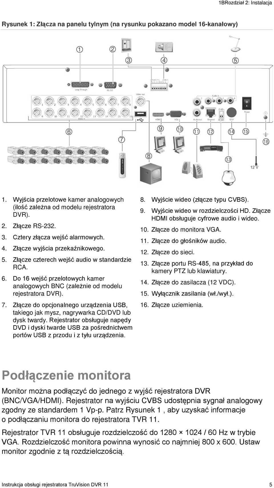 Do 16 wejść przelotowych kamer analogowych BNC (zależnie od modelu rejestratora DVR). 7. Złącze do opcjonalnego urządzenia USB, takiego jak mysz, nagrywarka CD/DVD lub dysk twardy.