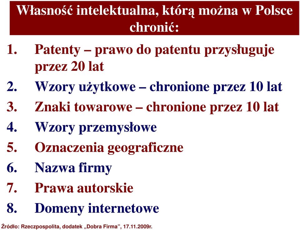 Wzory użytkowe chronione przez 10 lat 3. Znaki towarowe chronione przez 10 lat 4.