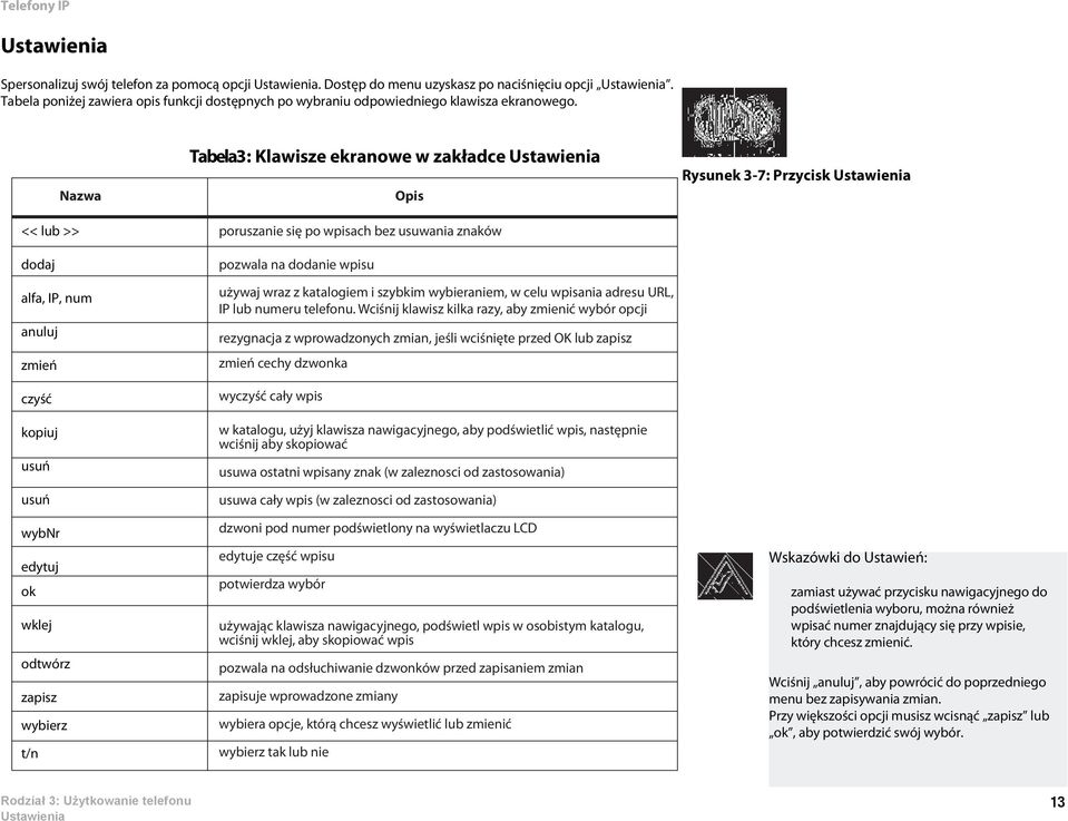 Tabela3: Klawisze ekranowe w zakładce Ustawienia Nazwa Opis Rysunek 3-7: Przycisk Ustawienia << lub >> dodaj alfa, IP, num anuluj zmień czyść kopiuj usuń usuń wybnr edytuj ok wklej odtwórz zapisz