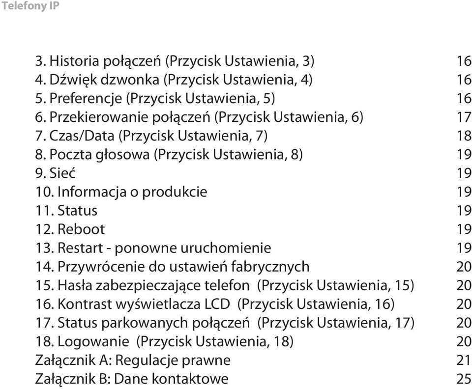 Informacja o produkcie 19 11. Status 19 12. Reboot 19 13. Restart - ponowne uruchomienie 19 14. Przywrócenie do ustawień fabrycznych 20 15.