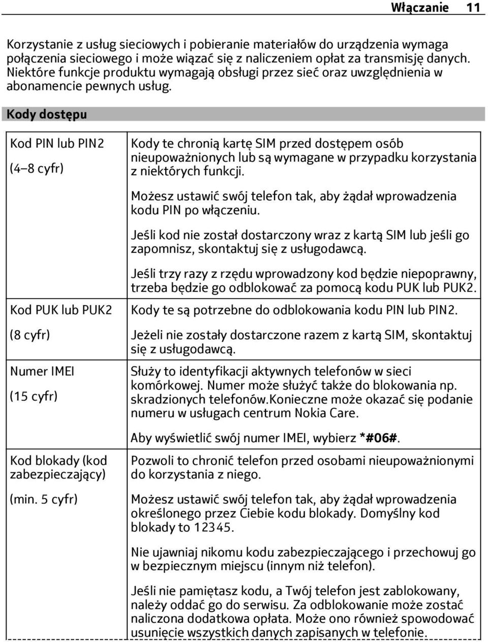 Kody dostępu Kod PIN lub PIN2 (4 8 cyfr) Kod PUK lub PUK2 (8 cyfr) Numer IMEI (15 cyfr) Kod blokady (kod zabezpieczający) (min.