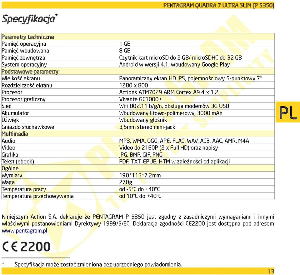 1, wbudowany Google Play Podstawowe parametry Wielkość ekranu Panoramiczny ekran HD IPS, pojemnościowy 5-punktowy 7" Rozdzielczość ekranu 1280 x 800 Procesor Actions ATM7029 ARM Cortex A9 4 x 1.