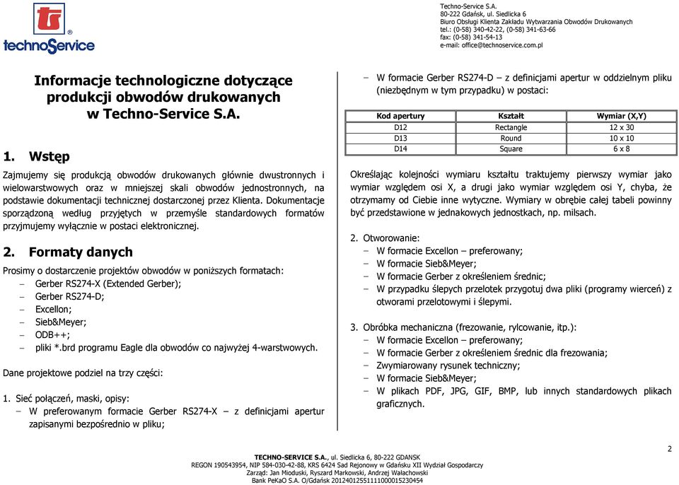 Klienta. Dokumentacje sporządzoną według przyjętych w przemyśle standardowych formatów przyjmujemy wyłącznie w postaci elektronicznej. 2.