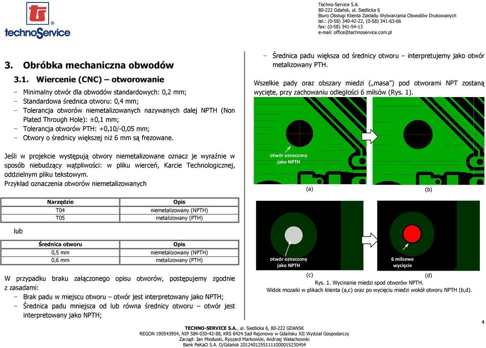 Hole): ±0,1 mm; Tolerancja otworów PTH: +0,10/-0,05 mm; Otwory o średnicy większej niŝ 6 mm są frezowane. Średnica padu większa od średnicy otworu interpretujemy jako otwór metalizowany PTH.