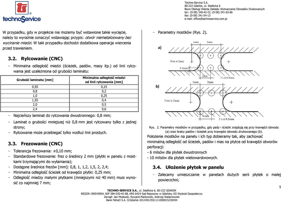 ) od linii rylcowania jest uzaleŝniona od grubości laminatu: Grubość laminatu [mm] Minimalna odległość miedzi od linii rylcowania [mm] 0,55 0,15 0,8 0,2 1,0 0,25 1,55 0,4 2,0 0,5 2,4 0,6 Najcieńszy