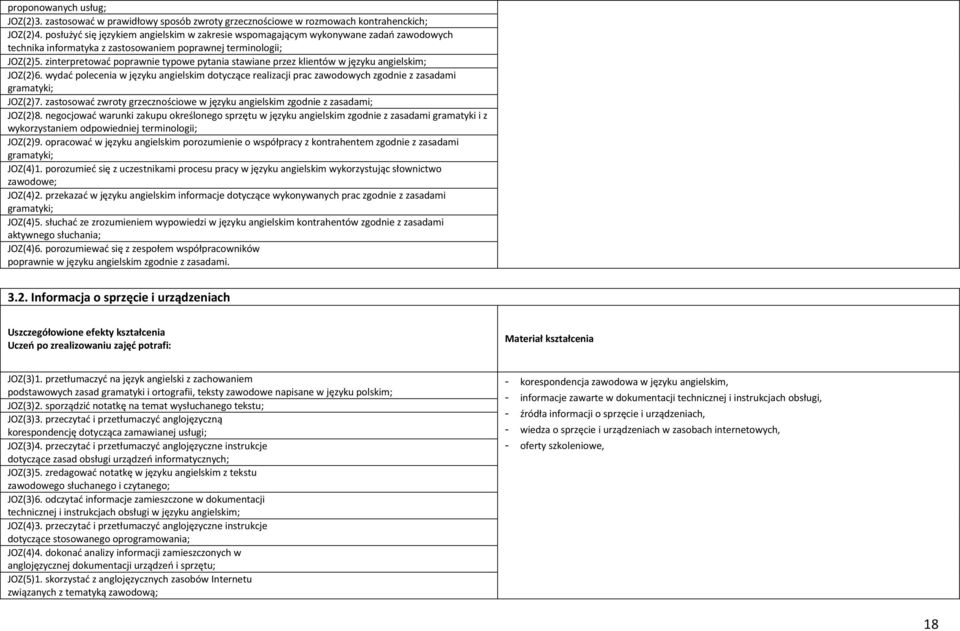 zinterpretować poprawnie typowe pytania stawiane przez klientów w języku angielskim; JOZ(2)6.