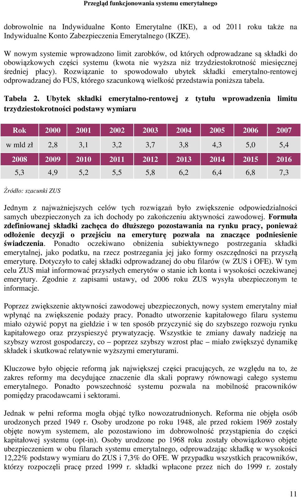 Rozwiązanie to spowodowało ubytek składki emerytalno-rentowej odprowadzanej do FUS, którego szacunkową wielkość przedstawia poniższa tabela. Tabela 2.