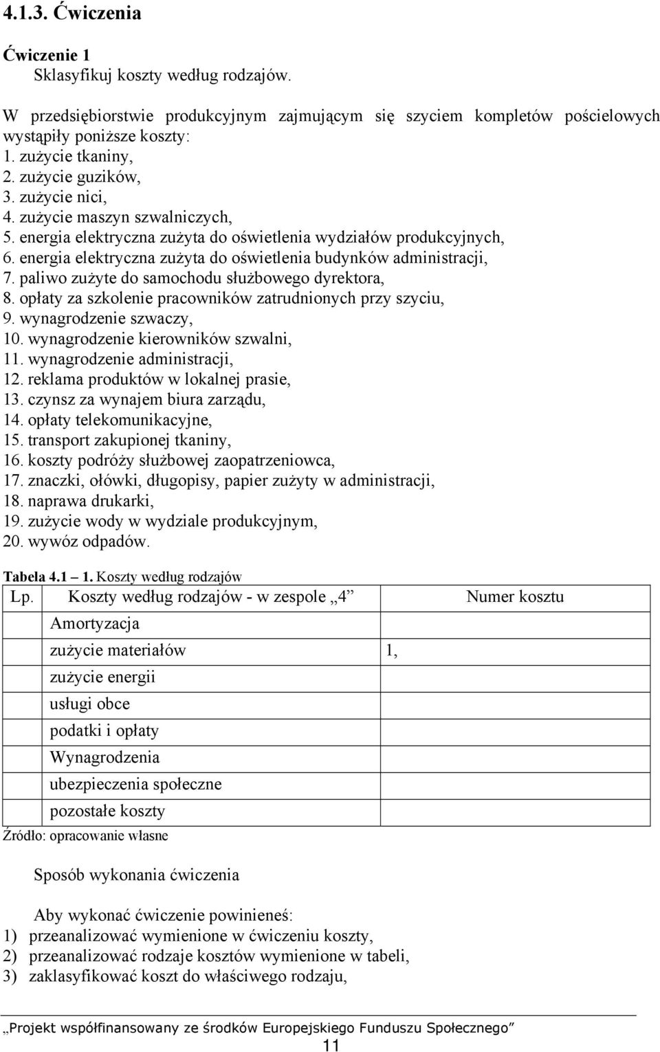 energia elektryczna zużyta do oświetlenia budynków administracji, 7. paliwo zużyte do samochodu służbowego dyrektora, 8. opłaty za szkolenie pracowników zatrudnionych przy szyciu, 9.