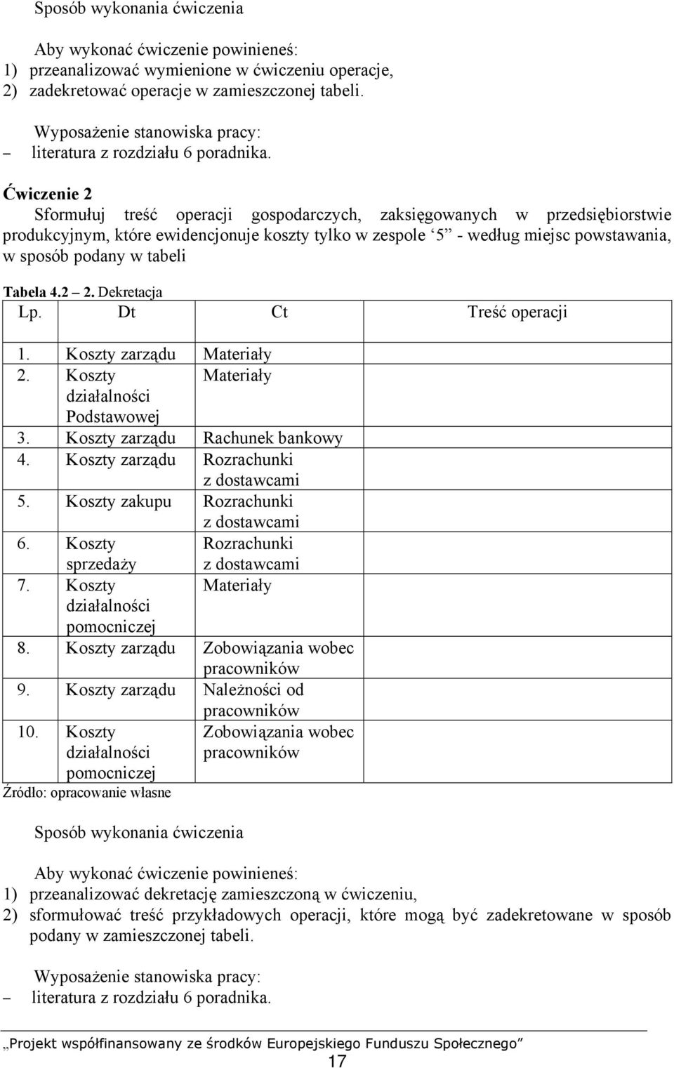 Ćwiczenie 2 Sformułuj treść operacji gospodarczych, zaksięgowanych w przedsiębiorstwie produkcyjnym, które ewidencjonuje koszty tylko w zespole 5 - według miejsc powstawania, w sposób podany w tabeli