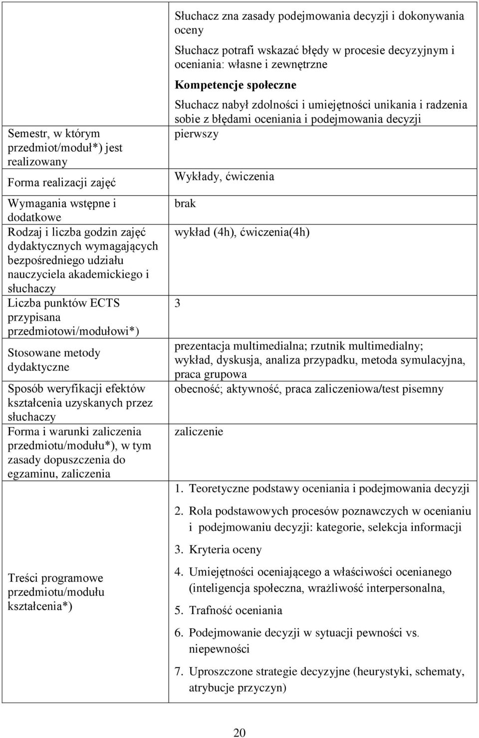 dopuszczenia do egzaminu, zaliczenia Treści programowe Słuchacz zna zasady podejmowania decyzji i dokonywania oceny Słuchacz potrafi wskazać błędy w procesie decyzyjnym i oceniania: własne i