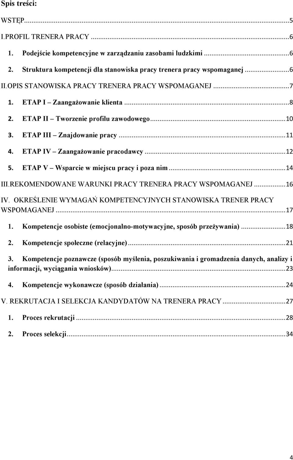 ETAP IV Zaangażowanie pracodawcy... 12 5. ETAP V Wsparcie w miejscu pracy i poza nim... 14 III.REKOMENDOWANE WARUNKI PRACY TRENERA PRACY WSPOMAGANEJ... 16 IV.