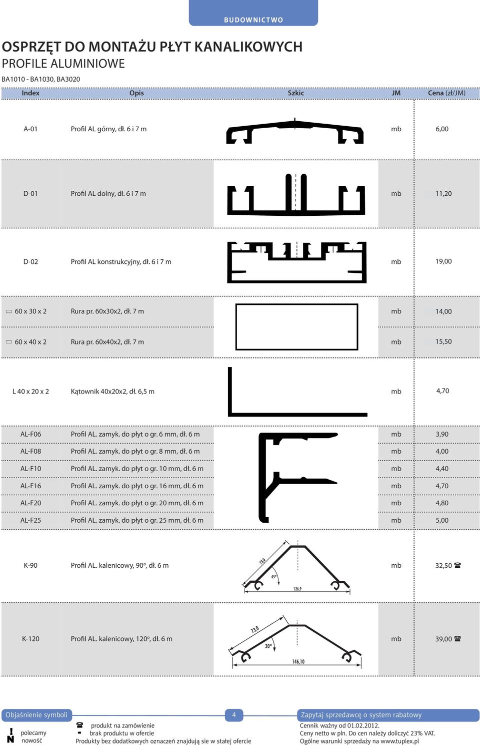 7 m mb 15,00 15,50 L 40 x 20 x 2 Kątownik 40x20x2, dł. 6,5 m mb 4,60 4,70 AL-F06 Profil AL. zamyk. do płyt o gr. 6 mm, dł. 6 m mb 3,90 AL-F08 Profil AL. zamyk. do płyt o gr. 8 mm, dł.