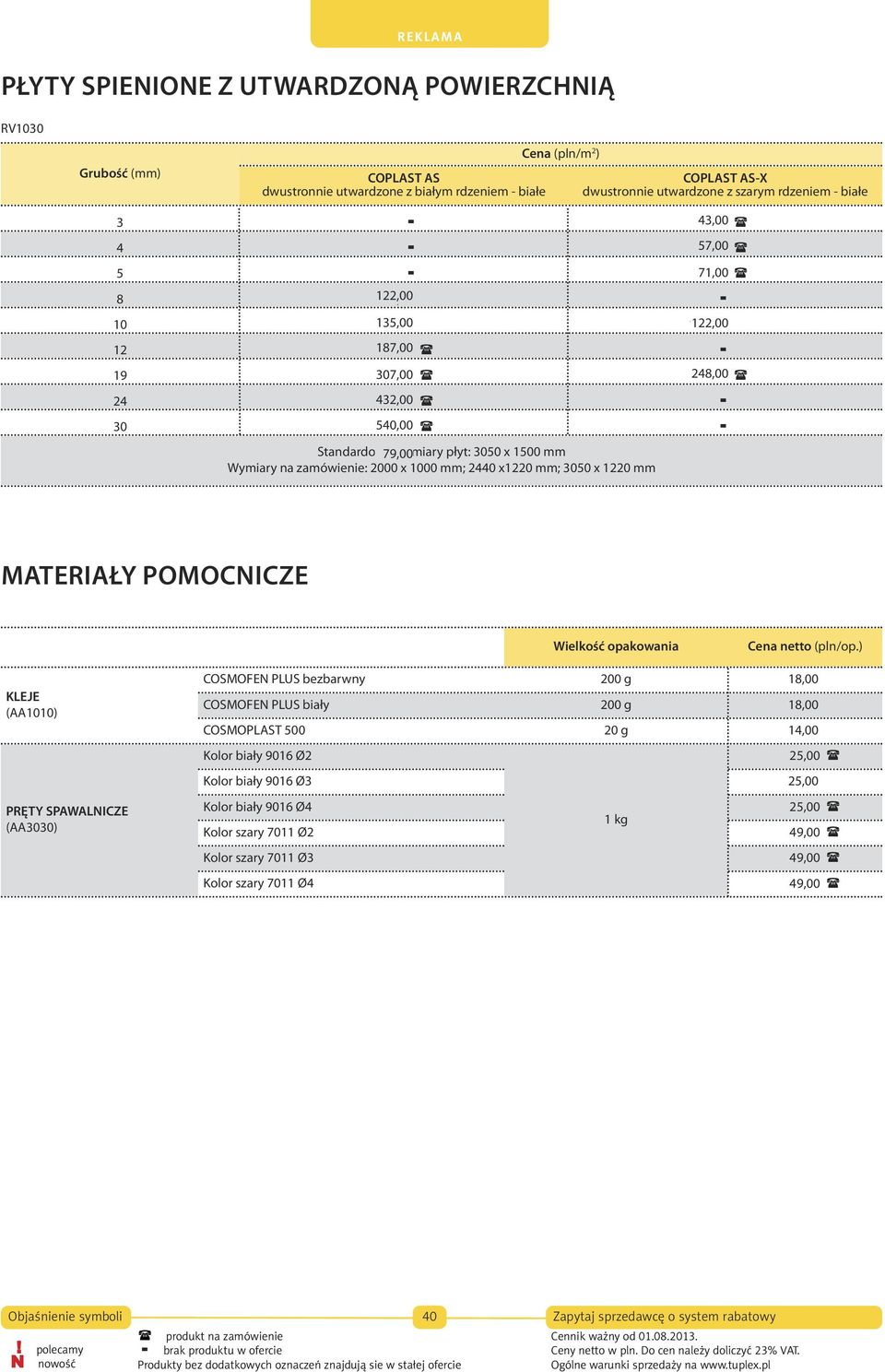 x 1500 mm Wymiary na zamówienie: 2000 x 1000 mm; 2440 x1220 mm; 3050 x 1220 mm MATERIAŁY POMOCNICZE Wielkość opakowania netto (pln/op.