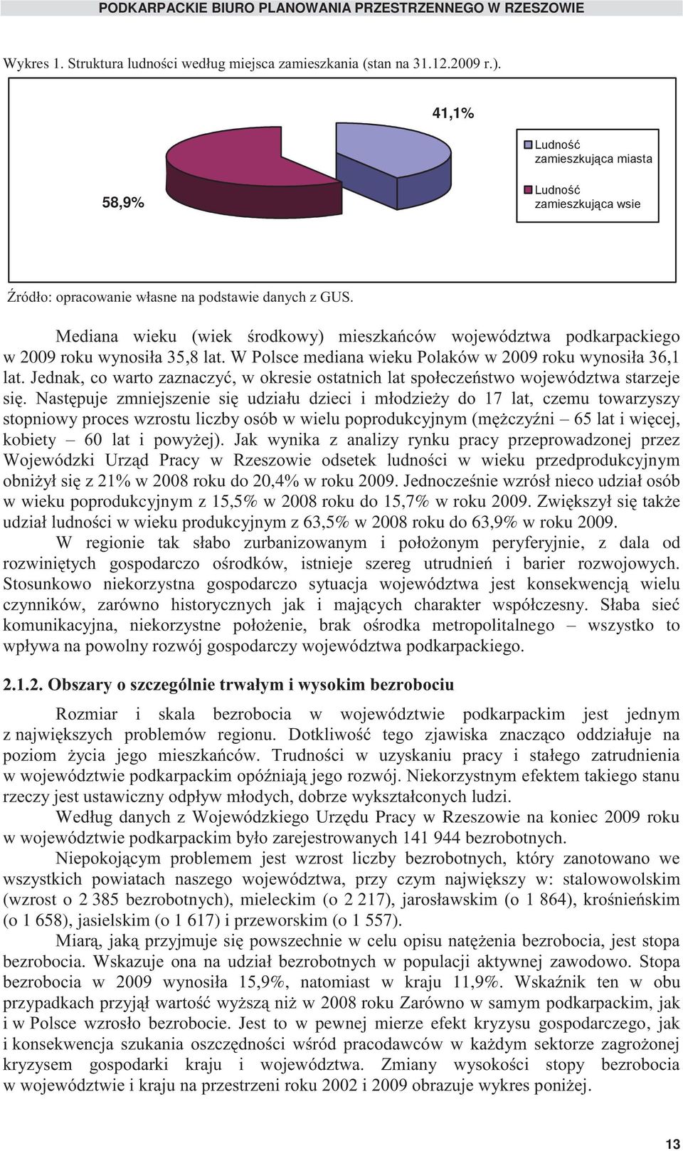 Mediana wieku (wiek środkowy) mieszkańców województwa podkarpackiego w 2009 roku wynosiła 35,8 lat. W Polsce mediana wieku Polaków w 2009 roku wynosiła 36,1 lat.