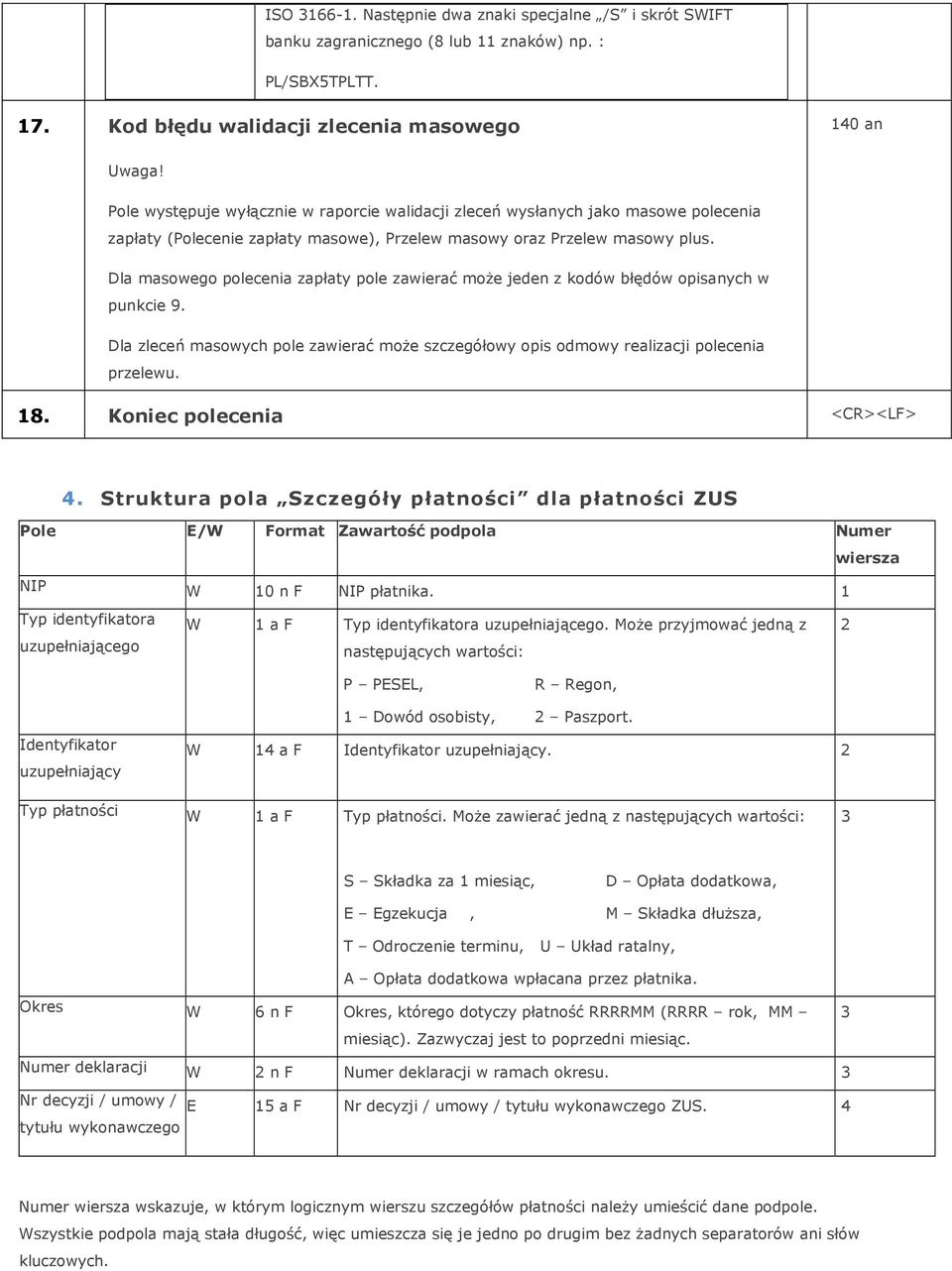 Dla masowego polecenia zapłaty pole zawierać może jeden z kodów błędów opisanych w punkcie 9. Dla zleceń masowych pole zawierać może szczegółowy opis odmowy realizacji polecenia przelewu. 18.