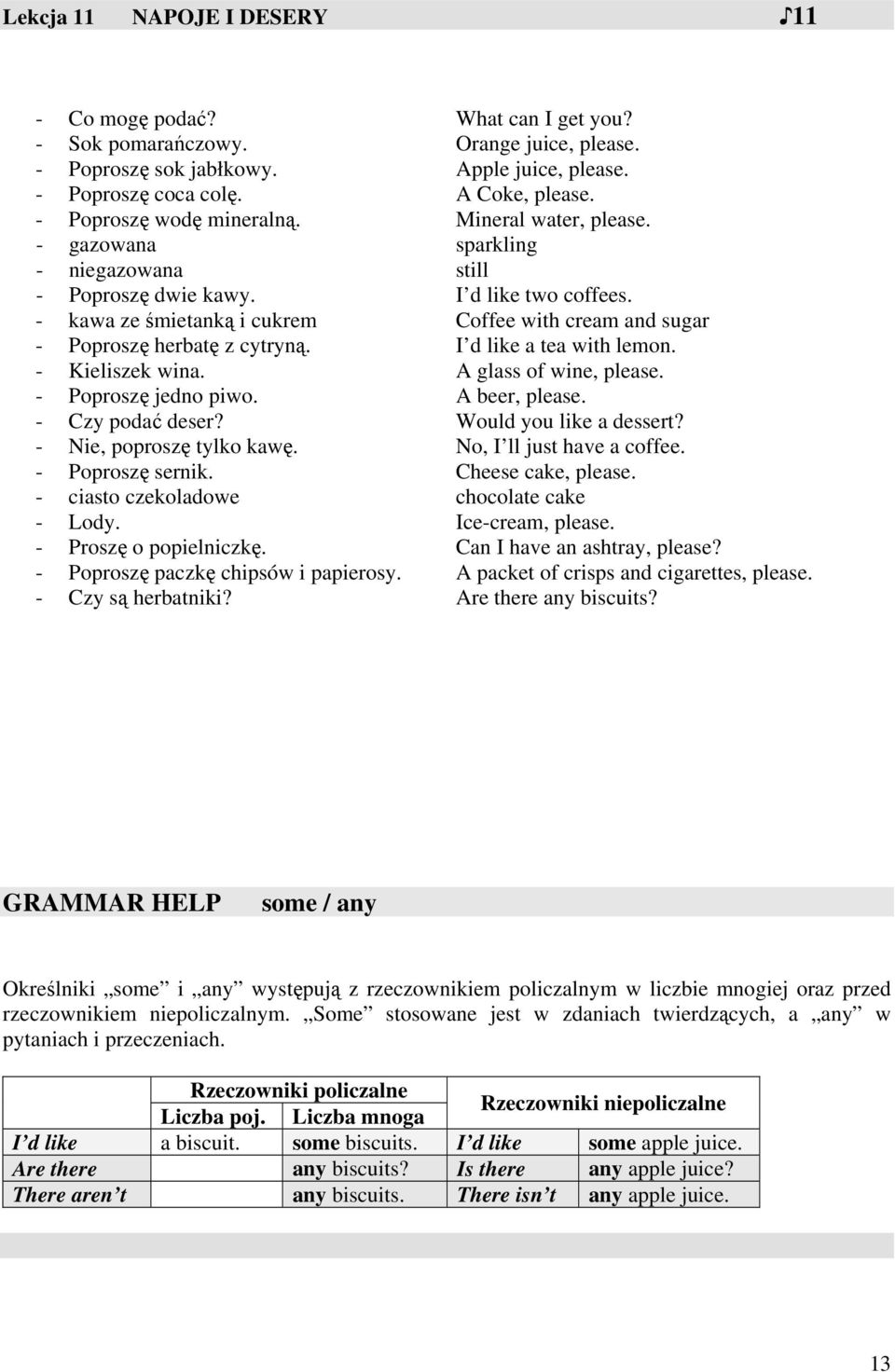 - kawa ze śmietanką i cukrem Coffee with cream and sugar - Poproszę herbatę z cytryną. I d like a tea with lemon. - Kieliszek wina. A glass of wine, please. - Poproszę jedno piwo. A beer, please.