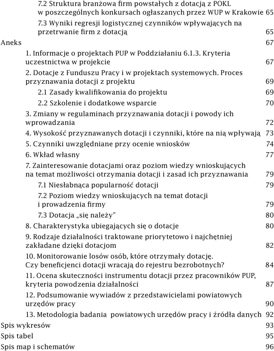 Dotacje z Funduszu Pracy i w projektach systemowych. Proces przyznawania dotacji z projektu 69 2.1 Zasady kwalifikowania do projektu 69 2.2 Szkolenie i dodatkowe wsparcie 70 3.