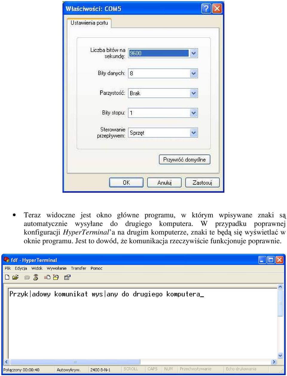 W przypadku poprawnej konfiguracji HyperTerminal a na drugim komputerze,