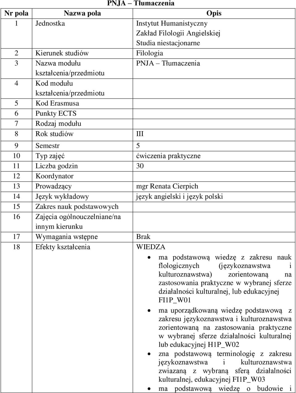 Koordynator 13 Prowadzący mgr Renata Cierpich 14 Język wykładowy język angielski i język polski 15 Zakres nauk podstawowych 16 Zajęcia ogólnouczelniane/na innym kierunku 17 Wymagania wstępne Brak 18
