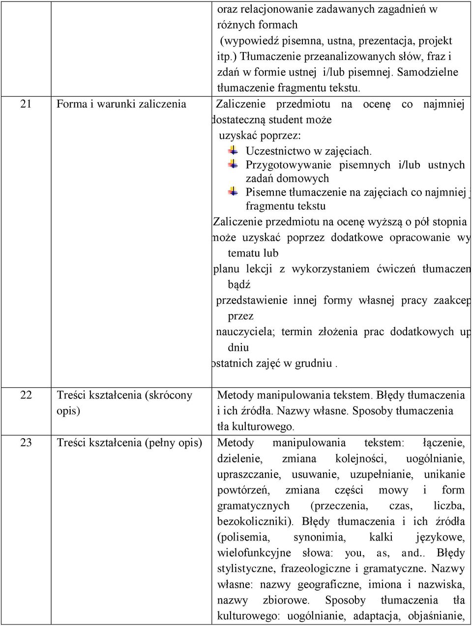 Przygotowywanie pisemnych i/lub ustnych zadań domowych Pisemne tłumaczenie na zajęciach co najmniej jednego fragmentu tekstu Zaliczenie przedmiotu na ocenę wyższą o pół stopnia student może uzyskać