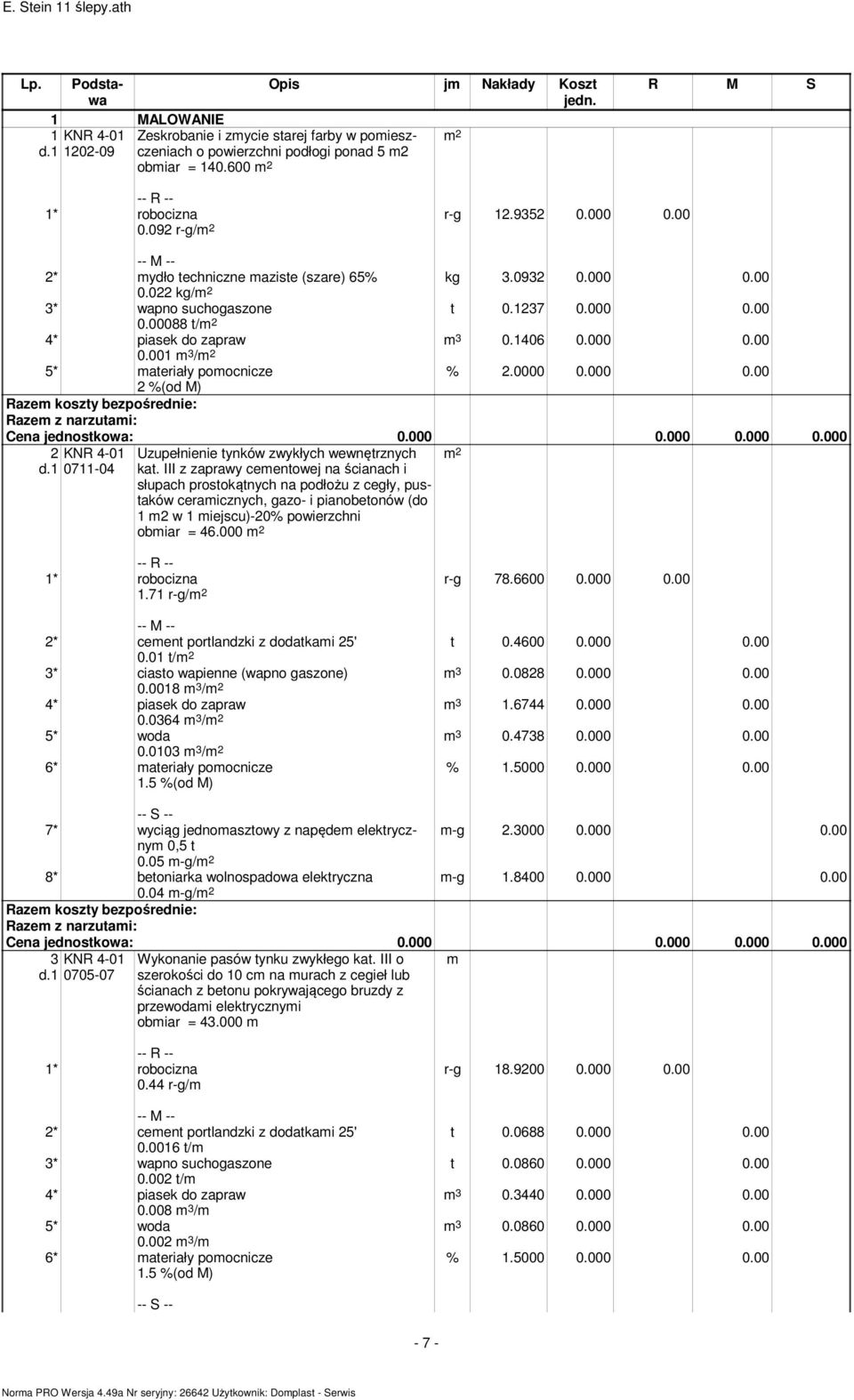 001 m 3 / 5* materiały pomocnicze 2 0711-04 Uzupełnienie tynków zwykłych wewnętrznych kat.