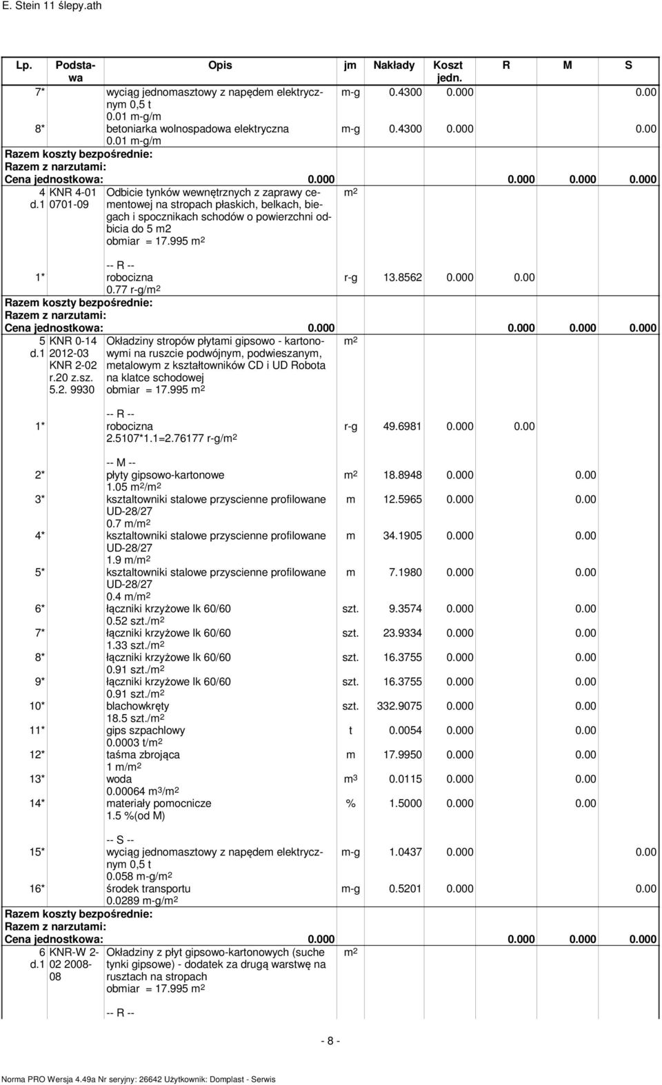 995 r-g 13.8562 0.000 0.00 0.77 r-g/ 5 KNR 0-14 2012-03 KNR 2-02 r.20 z.sz. 5.2. 9930 Okładziny stropów płytami gipsowo - kartonowymi na ruszcie podwójnym, podwieszanym, metalowym z kształtowników CD i UD Robota na klatce schodowej obmiar = 17.