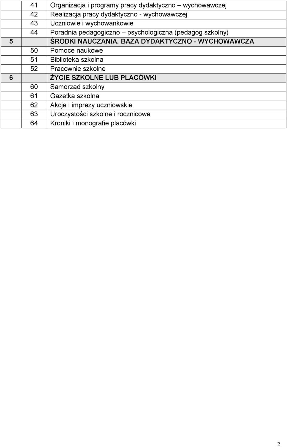 BAZA DYDAKTYCZNO - WYCHOWAWCZA 50 Pomoce naukowe 51 Biblioteka szkolna 52 Pracownie szkolne 6 ŻYCIE SZKOLNE LUB