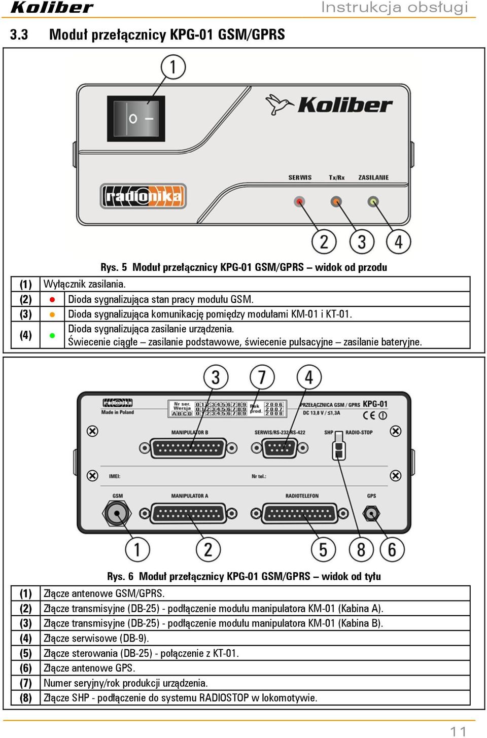 6 Moduł przełącznicy KPG-01 GSM/GPRS widok od tyłu (1) Złącze antenowe GSM/GPRS. (2) Złącze transmisyjne (DB-25) - podłączenie modułu manipulatora KM-01 (Kabina A).