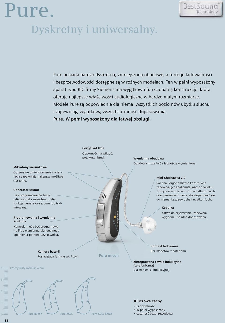 Modele Pure są odpowiednie dla niemal wszystkich poziomów ubytku słuchu i zapewniają wyjątkową wszechstronność dopasowania. Pure. W pełni wyposażony dla łatwej obsługi.
