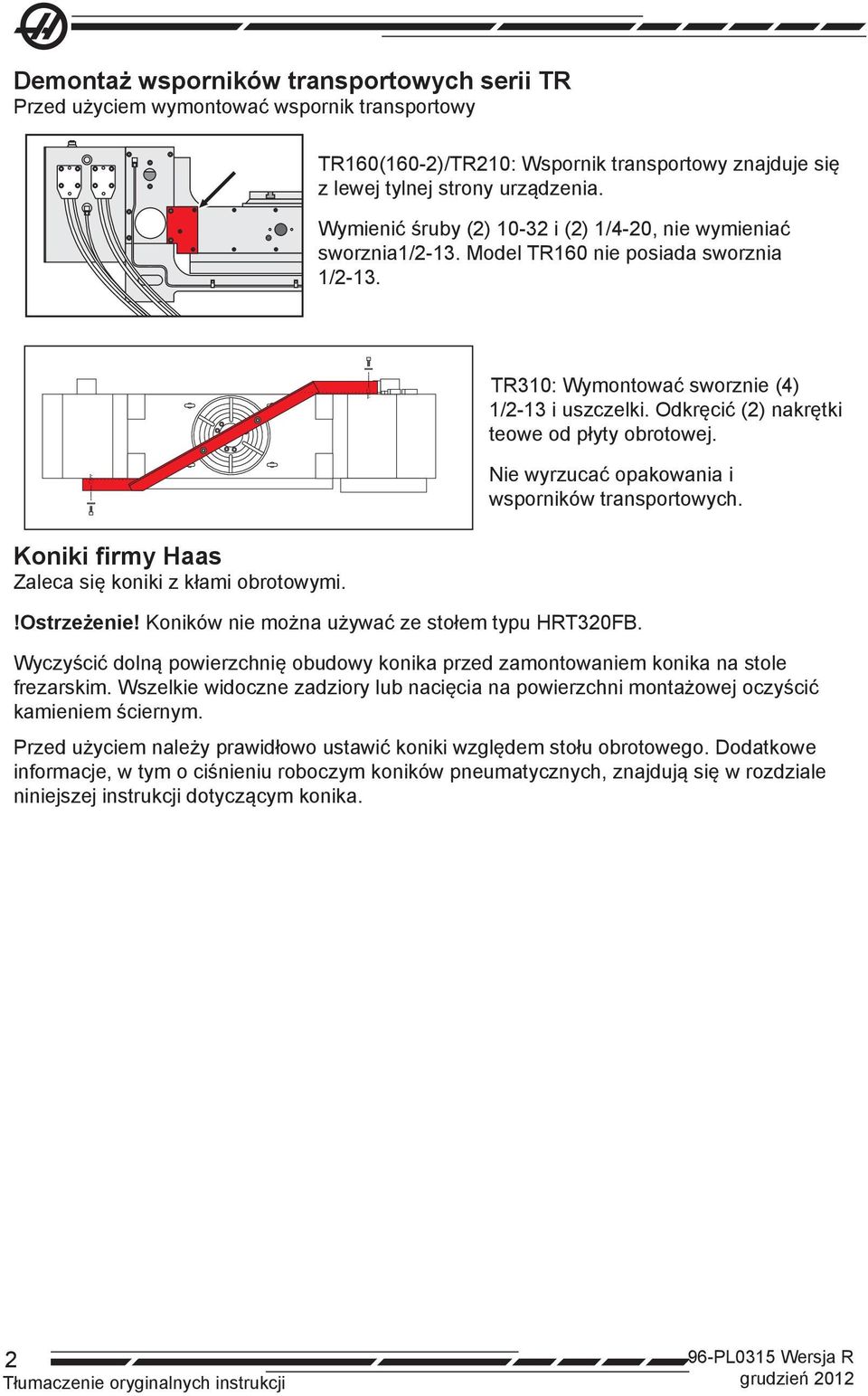 TR310: Wymontować sworznie (4) 1/2-13 i uszczelki. Odkręcić (2) nakrętki teowe od płyty obrotowej. Nie wyrzucać opakowania i wsporników transportowych.!ostrzeżenie!