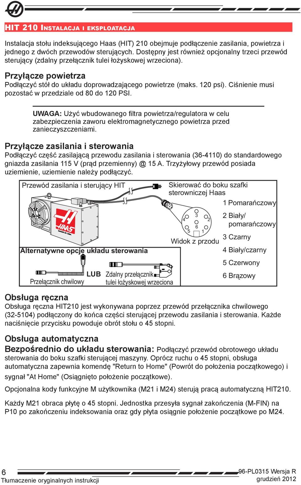 Ciśnienie musi pozostać w przedziale od 80 do 120 PSI. UWAGA: Użyć wbudowanego filtra powietrza/regulatora w celu zabezpieczenia zaworu elektromagnetycznego powietrza przed zanieczyszczeniami.