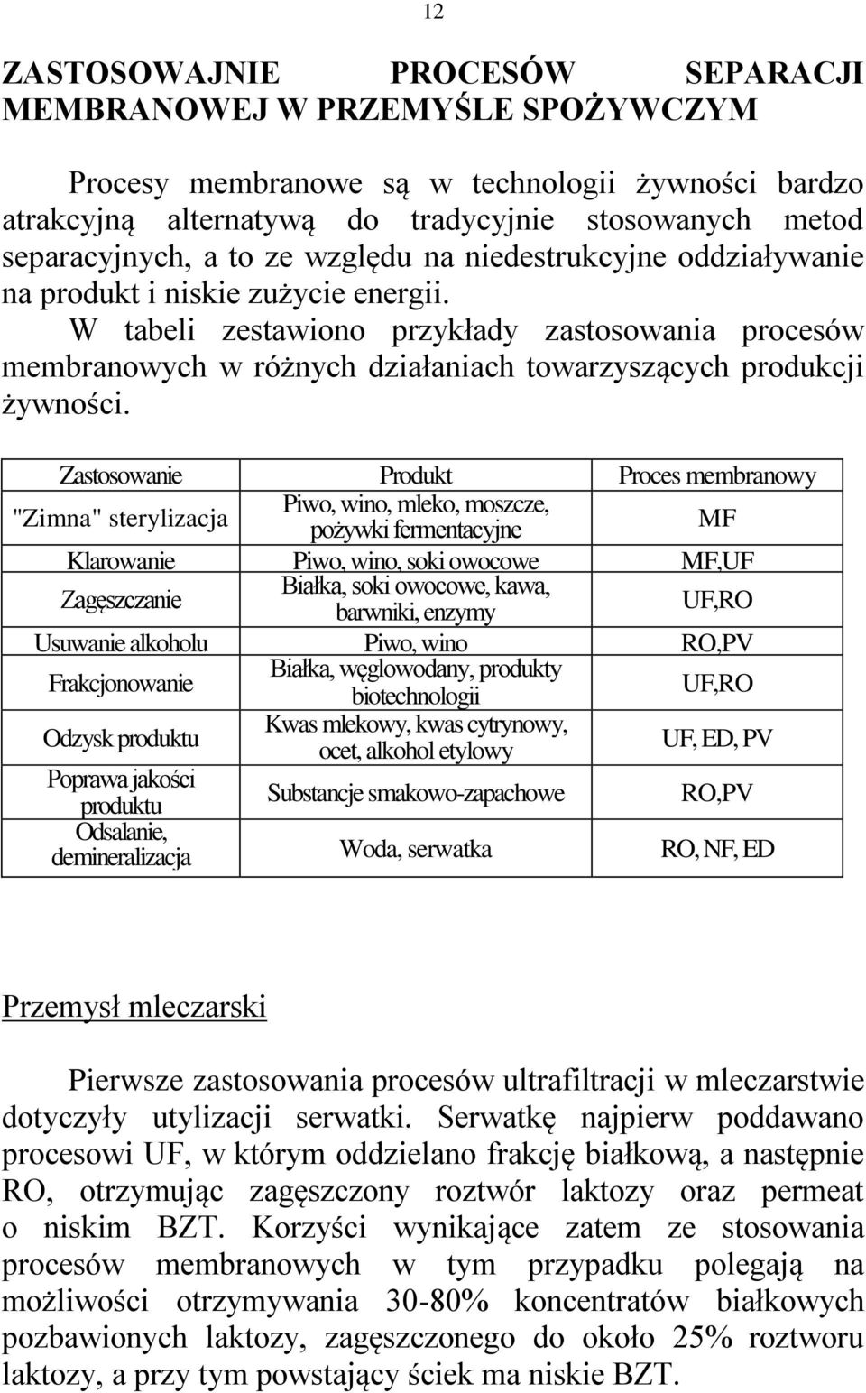 W tabeli zestawiono przykłady zastosowania procesów membranowych w różnych działaniach towarzyszących produkcji żywności.