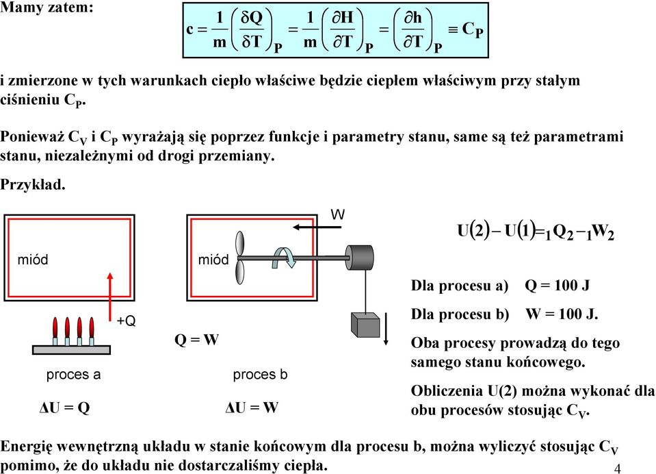 W U ( ) U( ) Q W miód miód Dla procesu a) Q J proces a U Q Q Q W proces b U W Dla procesu b) W J. Oba procesy prowadzą do tego samego stanu końcowego.