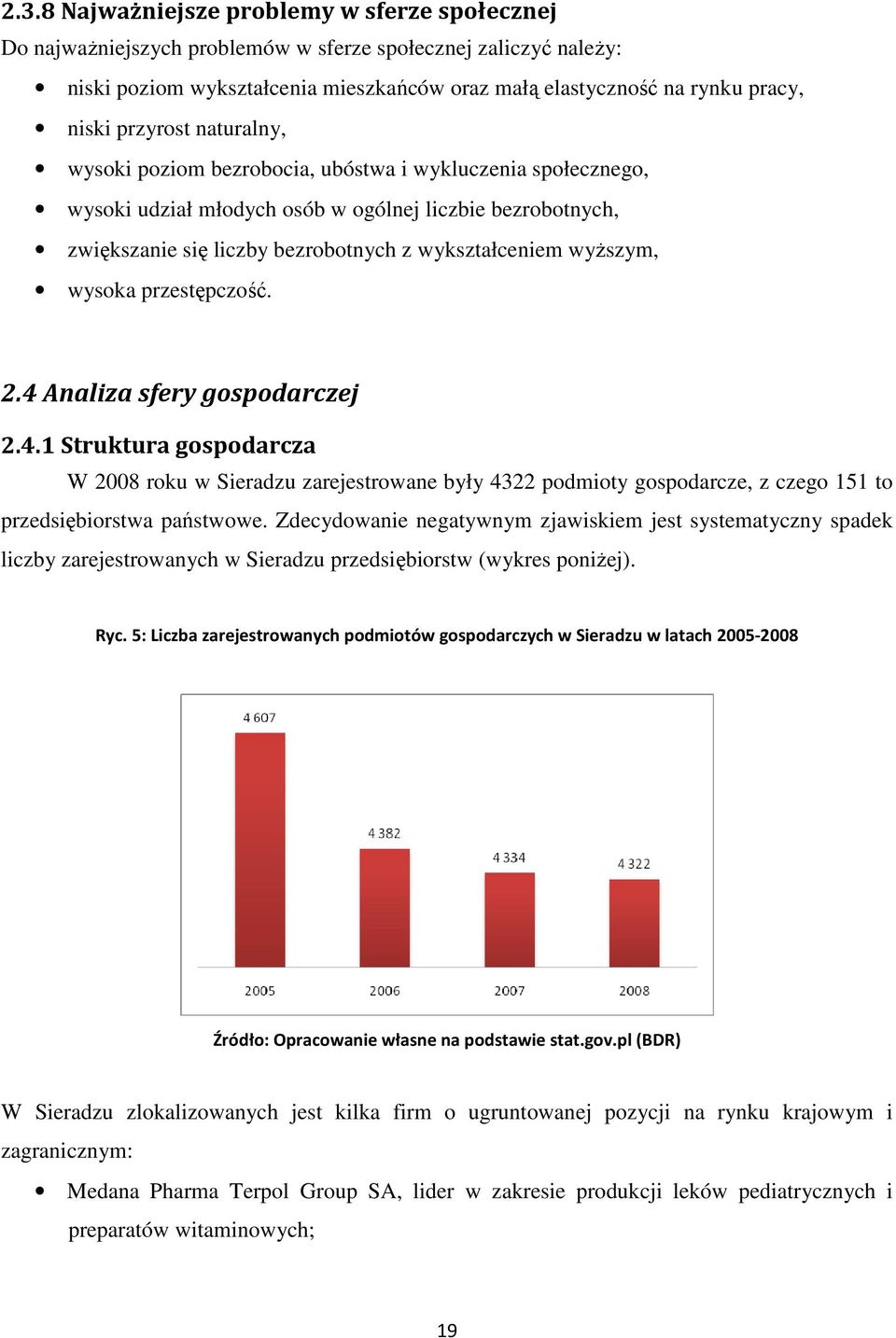 wyższym, wysoka przestępczość. 2.4 Analiza sfery gospodarczej 2.4.1 Struktura gospodarcza W 2008 roku w Sieradzu zarejestrowane były 4322 podmioty gospodarcze, z czego 151 to przedsiębiorstwa państwowe.