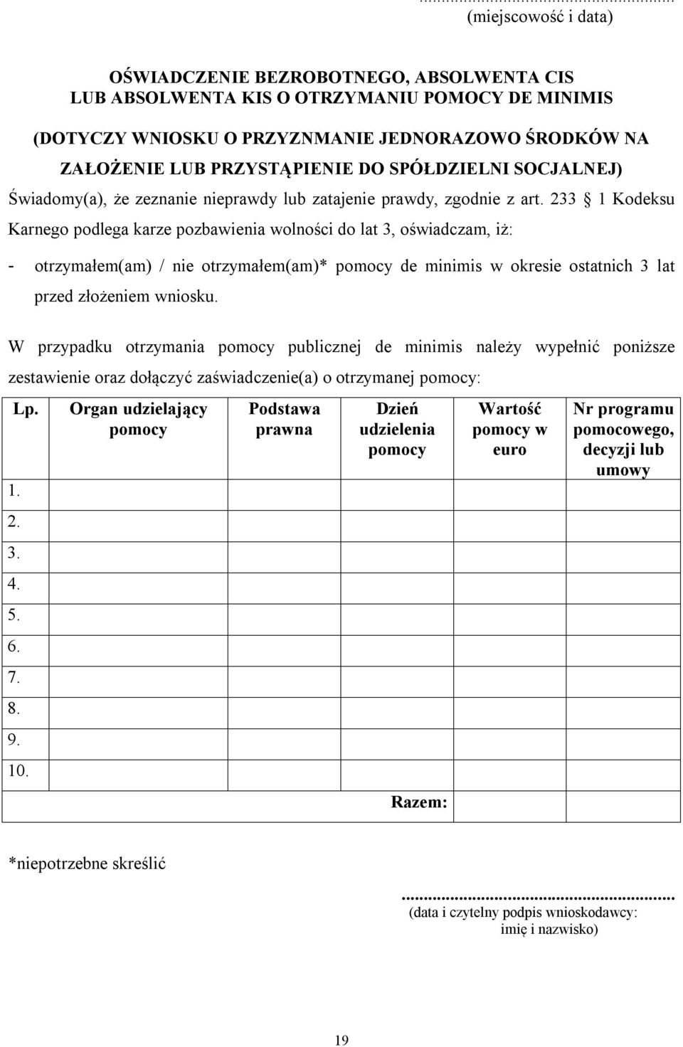 233 1 Kodeksu Karnego podlega karze pozbawienia wolności do lat 3, oświadczam, iż: - otrzymałem(am) / nie otrzymałem(am)* pomocy de minimis w okresie ostatnich 3 lat przed złożeniem wniosku.