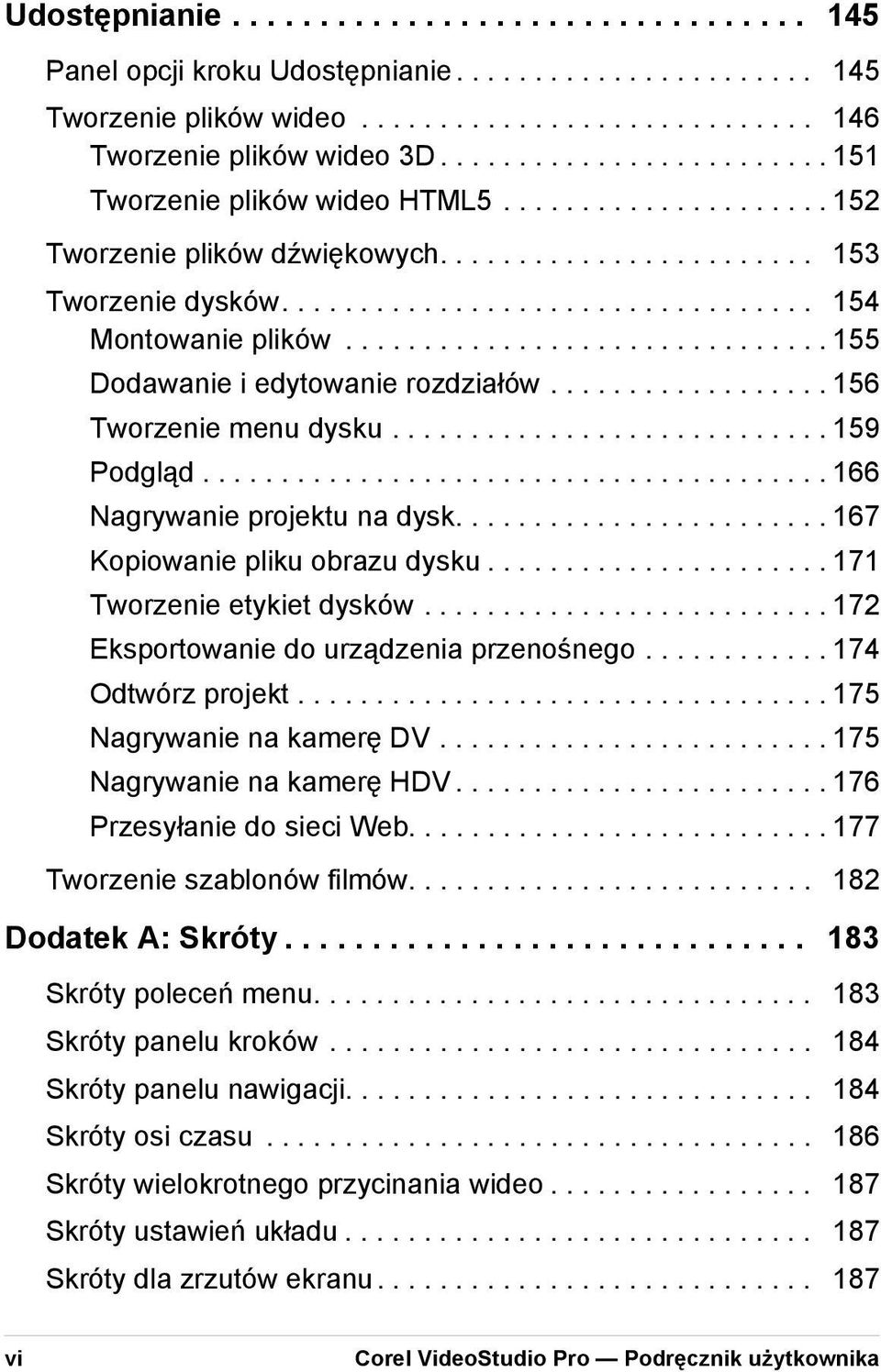 .............................. 155 Dodawanie i edytowanie rozdziałów.................. 156 Tworzenie menu dysku............................ 159 Podgląd........................................ 166 Nagrywanie projektu na dysk.