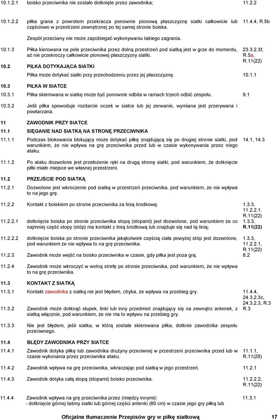 10.2 PIŁKA DOTYKAJĄCA SIATKI 23.3.2.3f, R.5a, R.11(22) Piłka może dotykać siatki przy przechodzeniu przez jej płaszczyznę. 10.1.1 10.3 PIŁKA W SIATCE 10.3.1 Piłka skierowana w siatkę może być ponownie odbita w ramach trzech odbić zespołu.