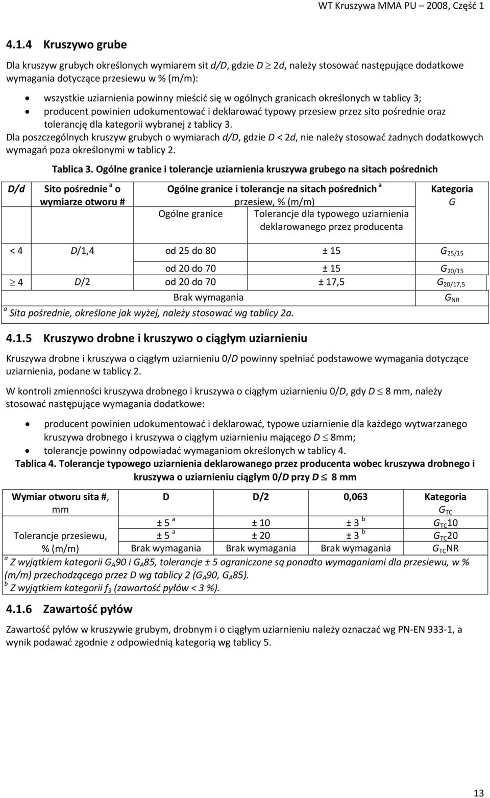 Dla poszczególnych kruszyw grubych o wymiarach d/d, gdzie D < 2d, nie należy stosować żadnych dodatkowych wymagań poza określonymi w tablicy 2. D/d Tablica 3.