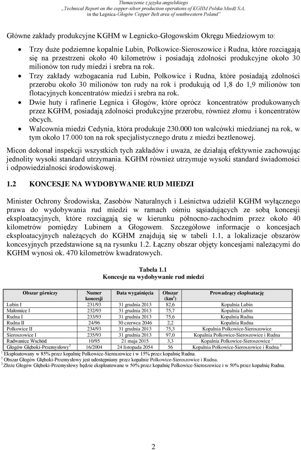 Trzy zakłady wzbogacania rud Lubin, Polkowice i Rudna, które posiadają zdolności przerobu około 30 milionów ton rudy na rok i produkują od 1,8 do 1,9 milionów ton flotacyjnych koncentratów miedzi i